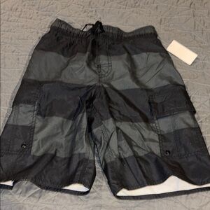 NWT Old Navy Black & Gray Striped boys large 10/12 bathing suit upf 40 trunks